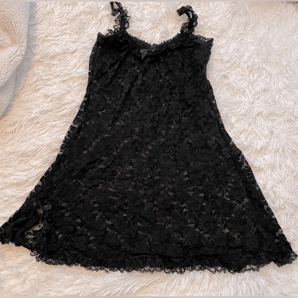 Black Lace Slip Dress with ruffle along neckline and bottom. Size S